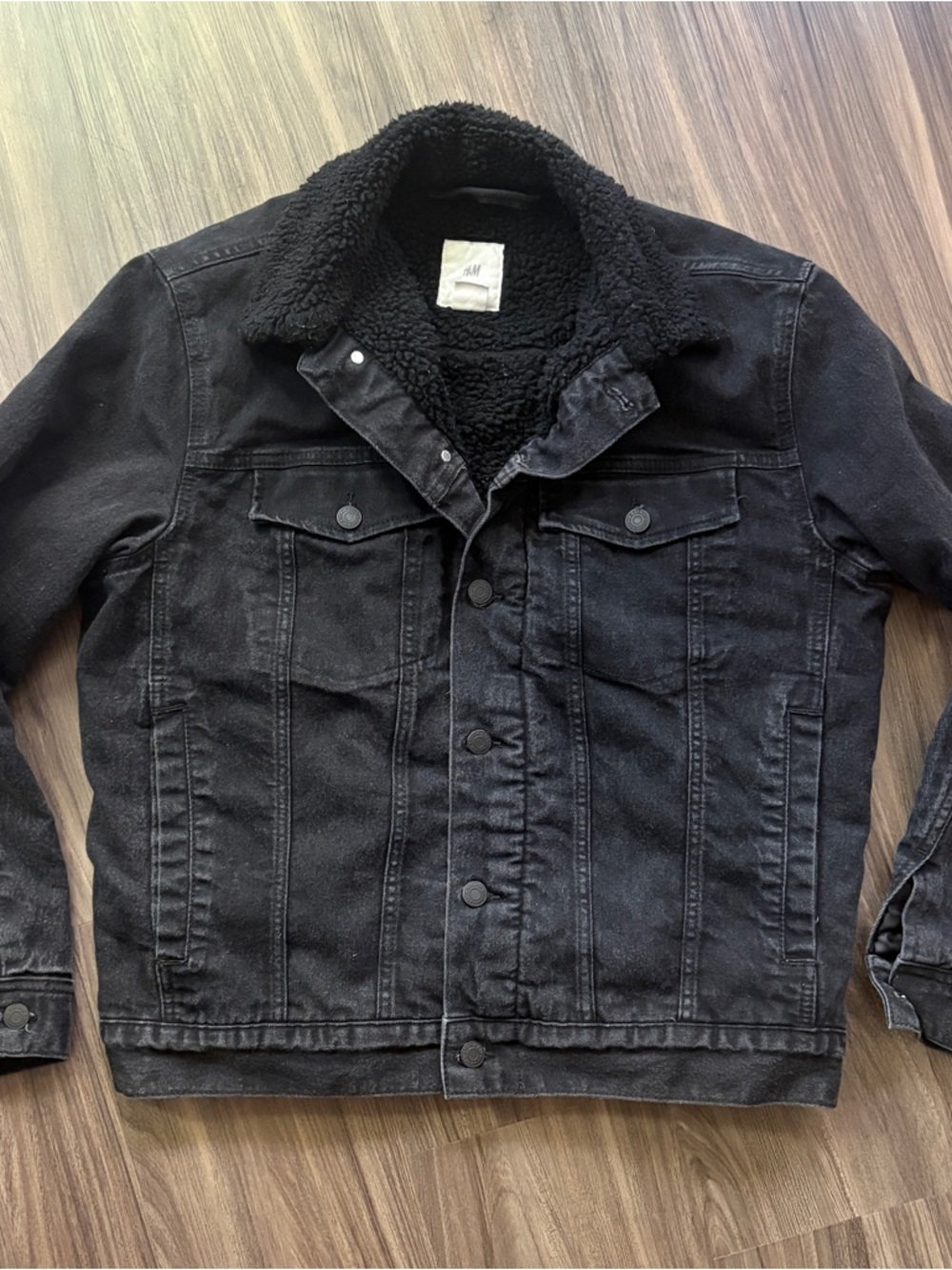 H&M Heavy Black Denim Jacket with Warm Sherpa Lining
